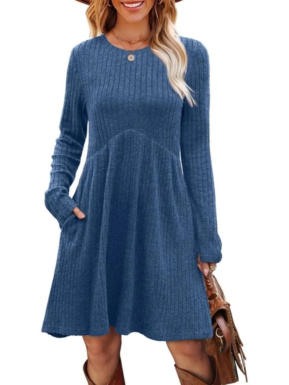 Women's Blue Long Sleeve Comfort Crew Neck Empire Waist Tunic Mini Dress - Picture 3 of 5